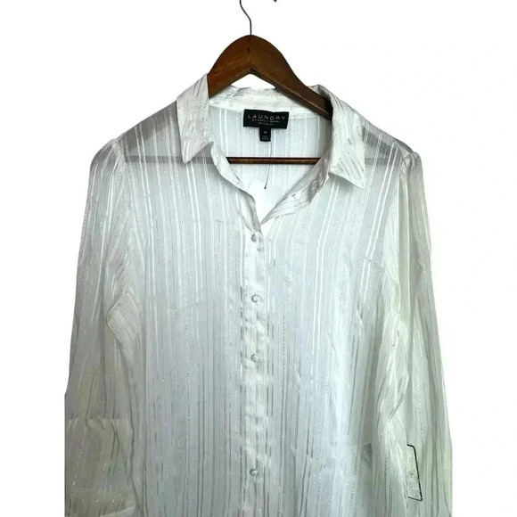 Laundry by Shelli Segal Women Sheer Button Down Shirt, White - Picture 5 of 10